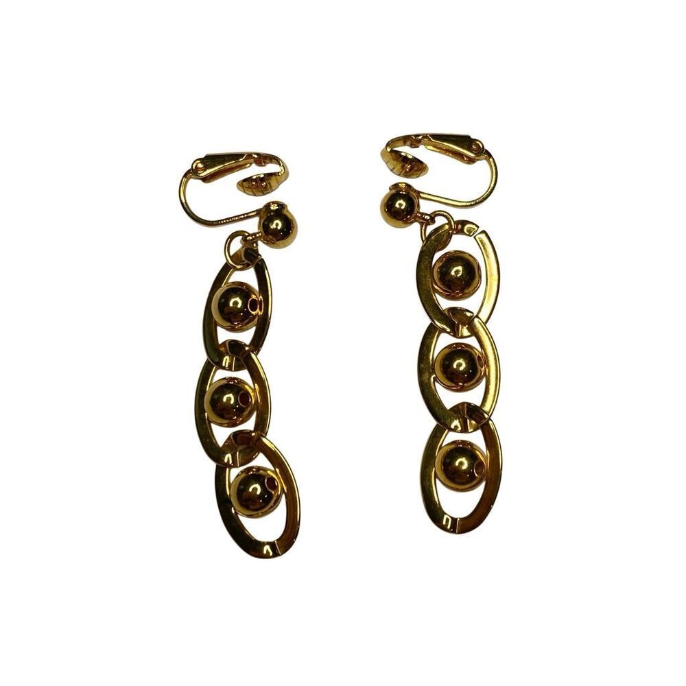 Vintage Avon Gold Dangle Clip On Earrings Oval Linked Ball Design Retro Jewelry